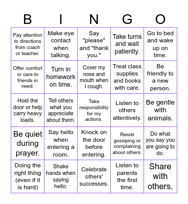 RESPECT Bingo Card