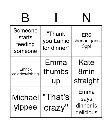 Dinner Bingo Card