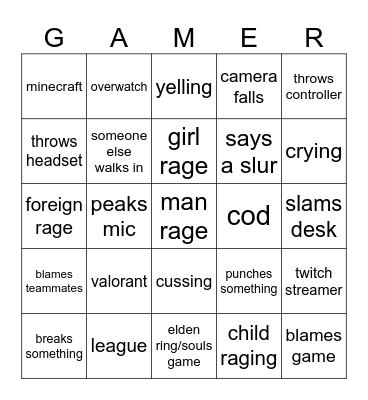 gamer rage bingo Card