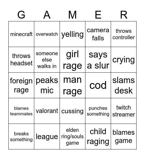 gamer rage bingo Card