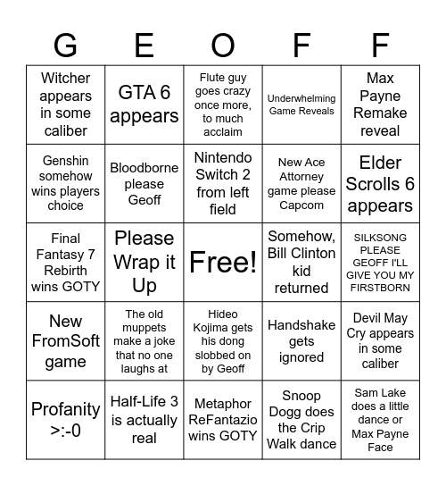 Game Awards 2024 Bingo Card