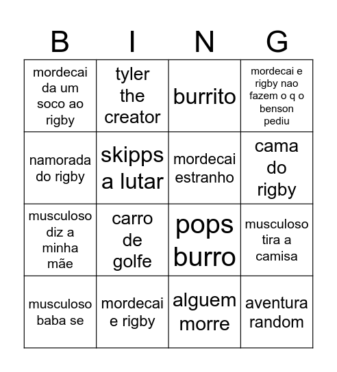 regular show Bingo Card