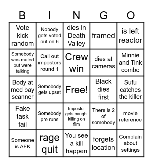 Among Us Bingo Card