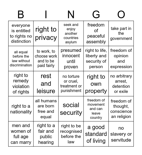 Human Rights Bingo Card