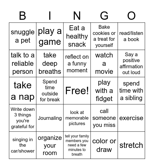 Coping skills Bingo Card