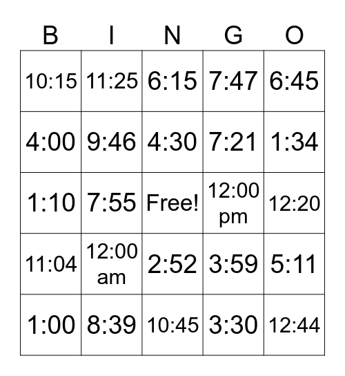 Hours Bingo Card