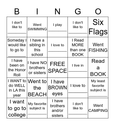 Things we have in common :-) Bingo Card