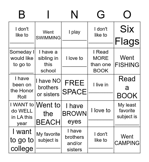 Things we have in common :-) Bingo Card