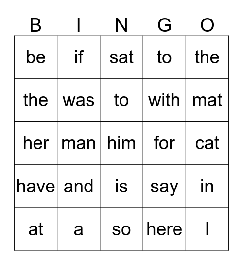 Sight Word Bingo Card