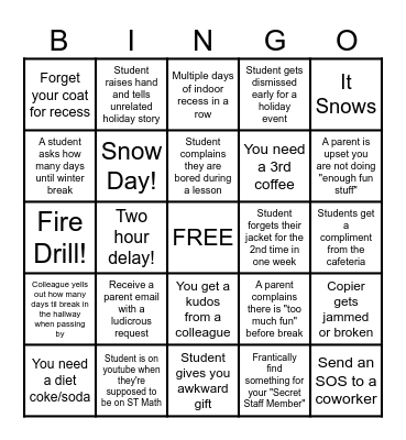 COUNTDOWN to WINTER BREAK Bingo Card