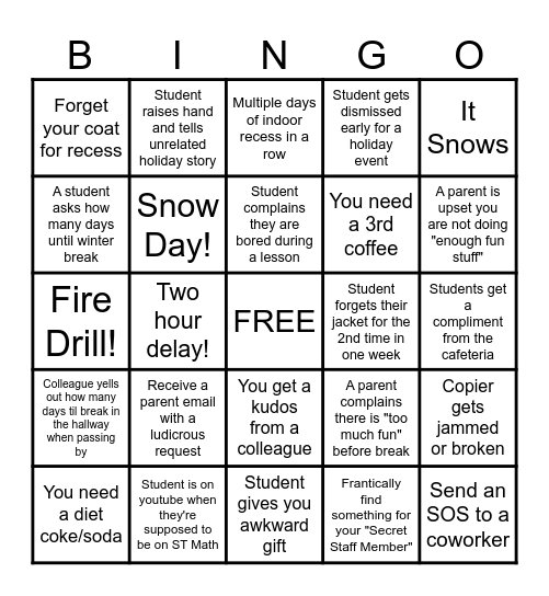 COUNTDOWN to WINTER BREAK Bingo Card