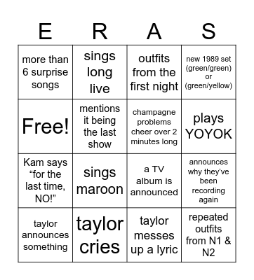 Last Night of the Eras Tour Bingo Card
