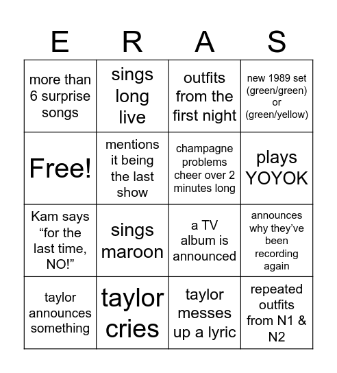 Last Night of the Eras Tour Bingo Card