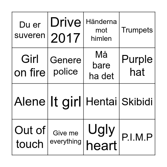 Jentenes musikkbingo<3 Bingo Card