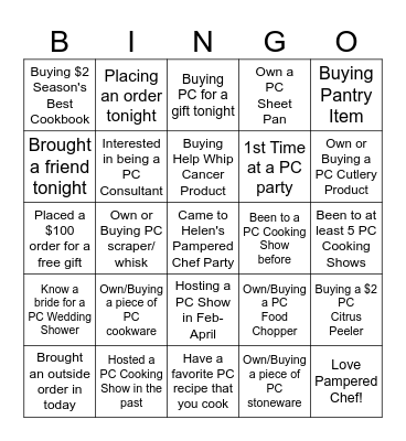 Pampered Chef Bingo Card