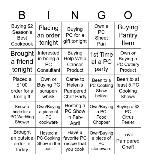 Pampered Chef Bingo Card