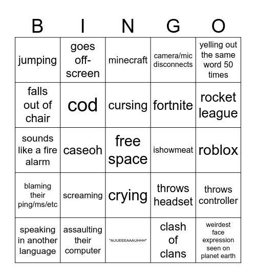 gamer rage bingo Card