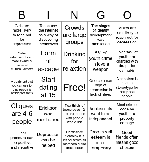 Adolescents Social and Emotional Bingo Card