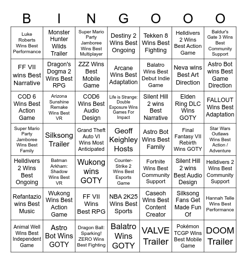 GOTY 2024 BINGO Card