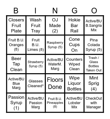 BlackOut Bar Bingo Card