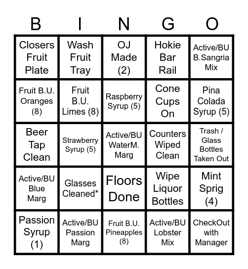 BlackOut Bar Bingo Card