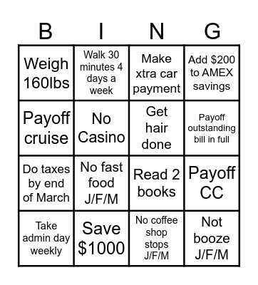 Jan- March Goals Bingo 2025 Bingo Card