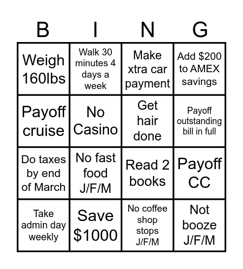 Jan- March Goals Bingo 2025 Bingo Card