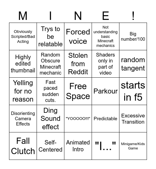 New Gen Minecraft Youtuber Bingo Card