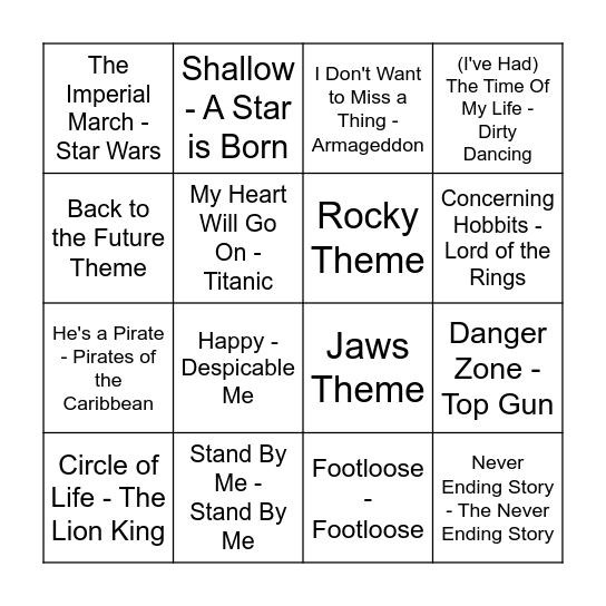 Iconic Movie Sountracks Bingo Card