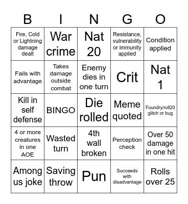 D&D Session Bingo Card