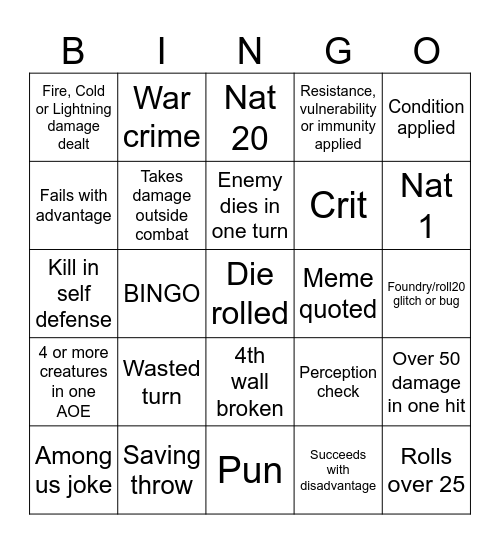 D&D Session Bingo Card