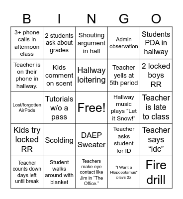 Passing Period Bingo Card