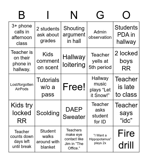 Passing Period Bingo Card