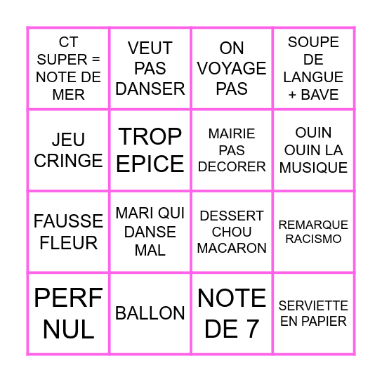 Bingo 4 mariages Bingo Card