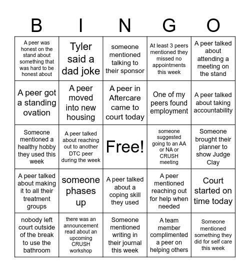 Drug Treatment Court Bingo Card