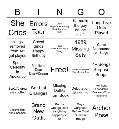 Eras Tour N3 Bingo Card