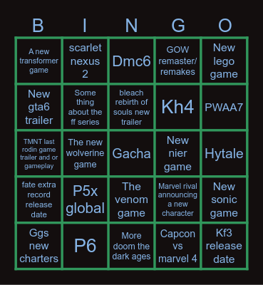 TGA Bingo Card