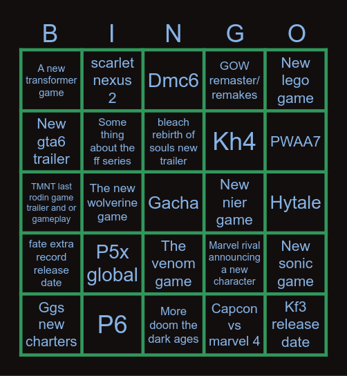 TGA Bingo Card