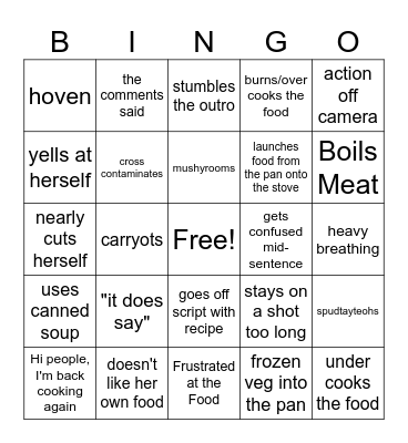 Kay's Cooking Bingo Card