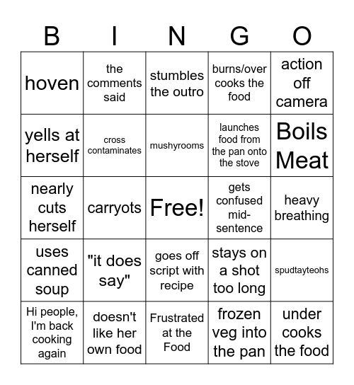 Kay's Cooking Bingo Card