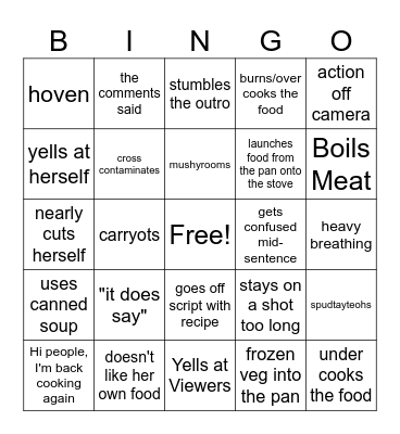 Kay's Cooking Bingo Card