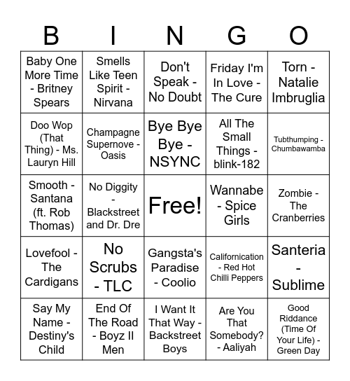 Hits From The 90s Bingo Card