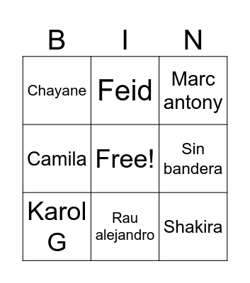 Bingo songs Bingo Card