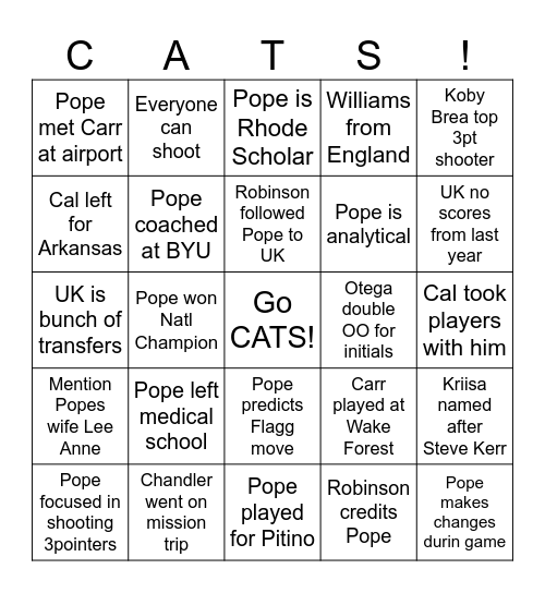 Wildcats Bingo Card