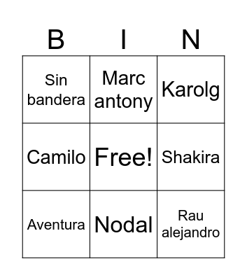 Bingo songs Bingo Card