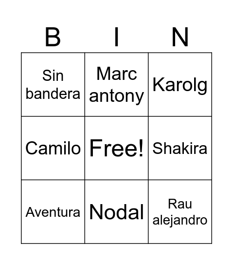 Bingo songs Bingo Card