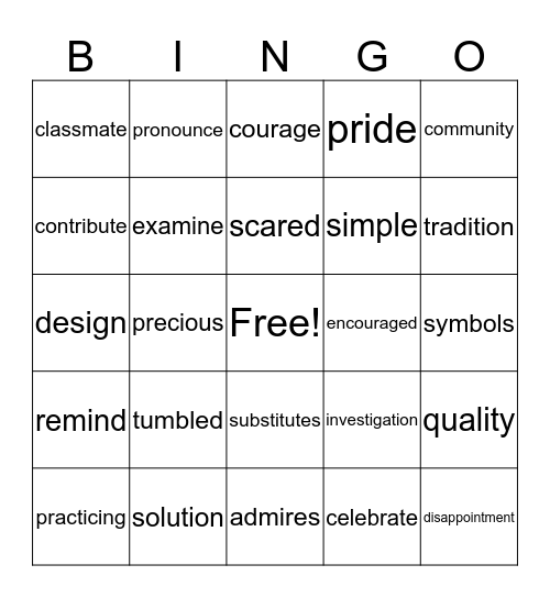 Vocabulary Review  Bingo Card