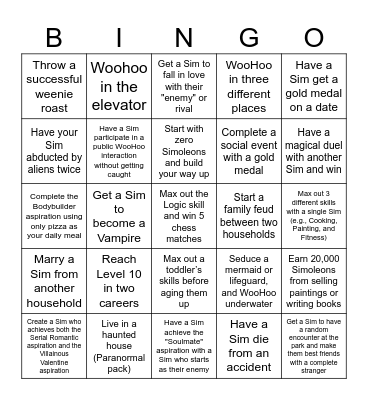 The Sims 4 Bingo Card