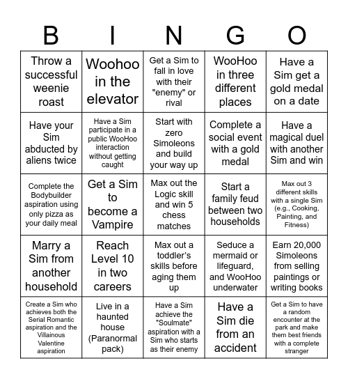 The Sims 4 Bingo Card