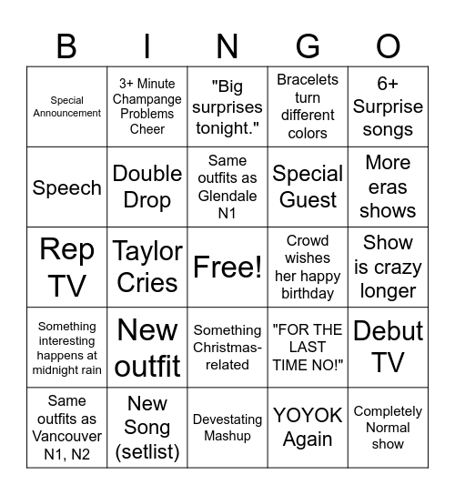 Final Eras Bingo Card